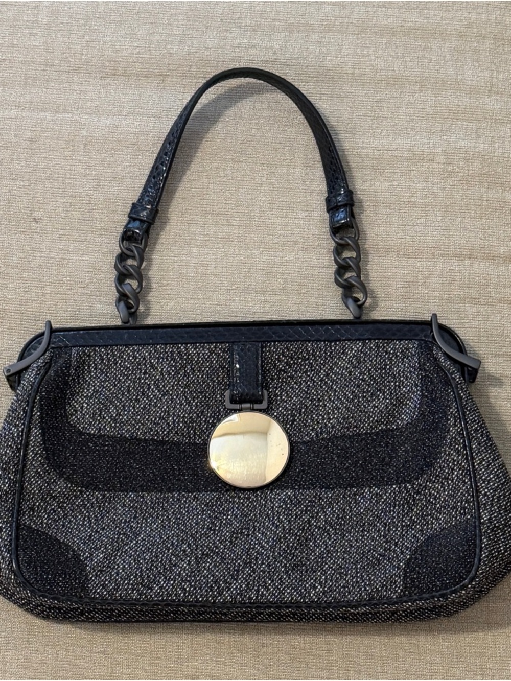 Bottega Veneta Black Tweed Shoulder Bag with Gold Disc